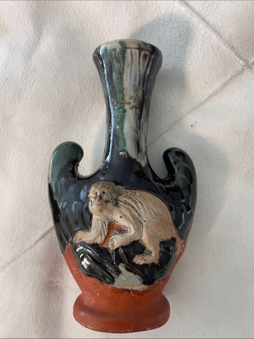 Sumida Gawa Japanese War Green and Black Glazed Ceramic Monkey Vase - Accent